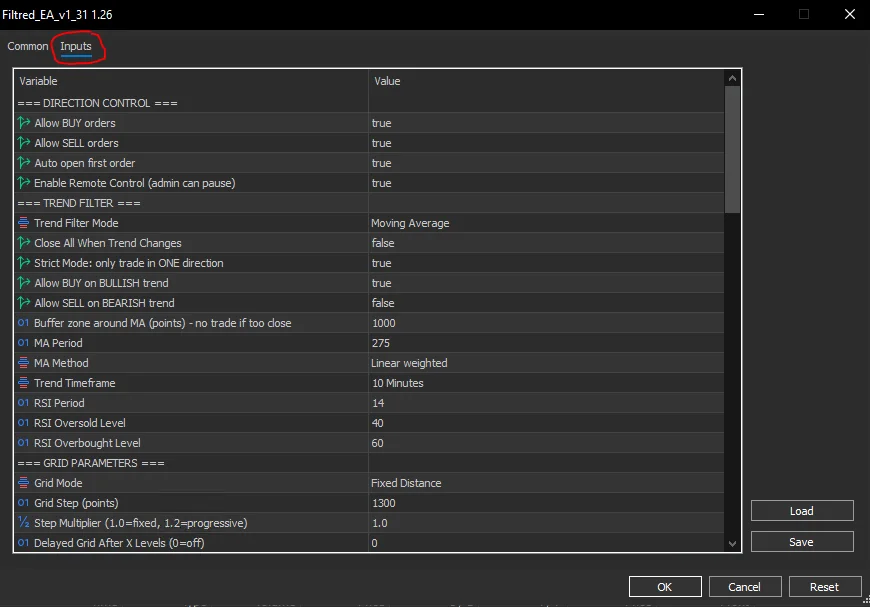 Inputs Settings Window